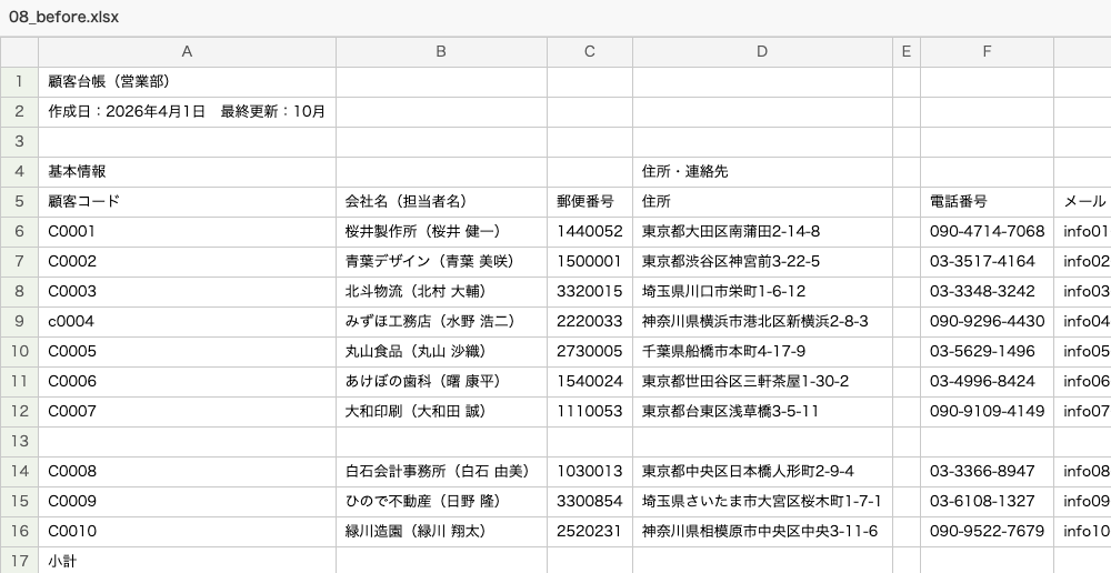 整える前と後のExcel(結合セル・合計行・横持ちを直したところ)