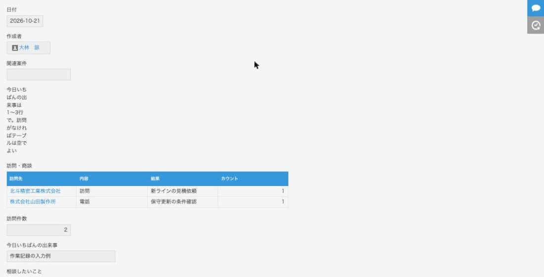 日報アプリのレコード詳細。作業記録テーブルに3行入り、テーブルの下に1日の合計時間が出ている状態