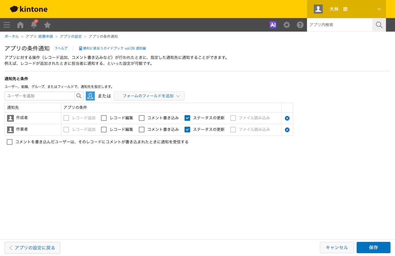 プロセス管理を有効にしたアプリの［アプリの条件通知］。作業者の行の［ステータスの更新］にチェックが入った状態