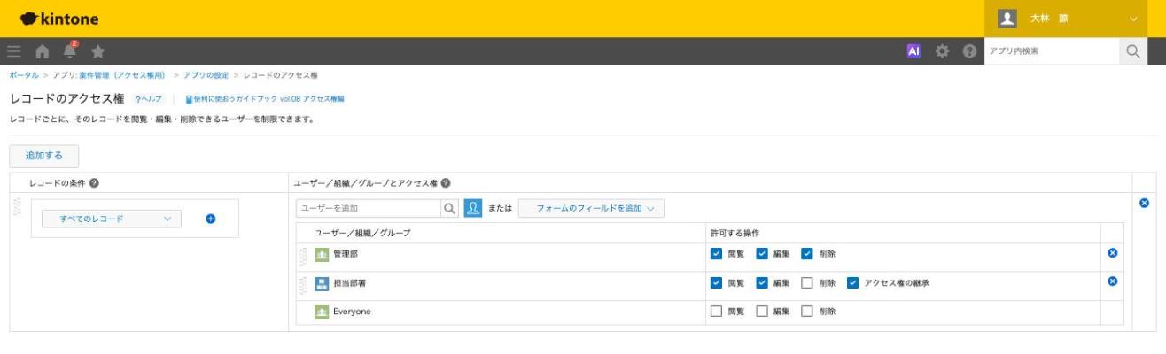 レコードのアクセス権。条件なしの1行の中に、管理部、担当部署、Everyoneが並び、Everyoneのチェックが外れた状態