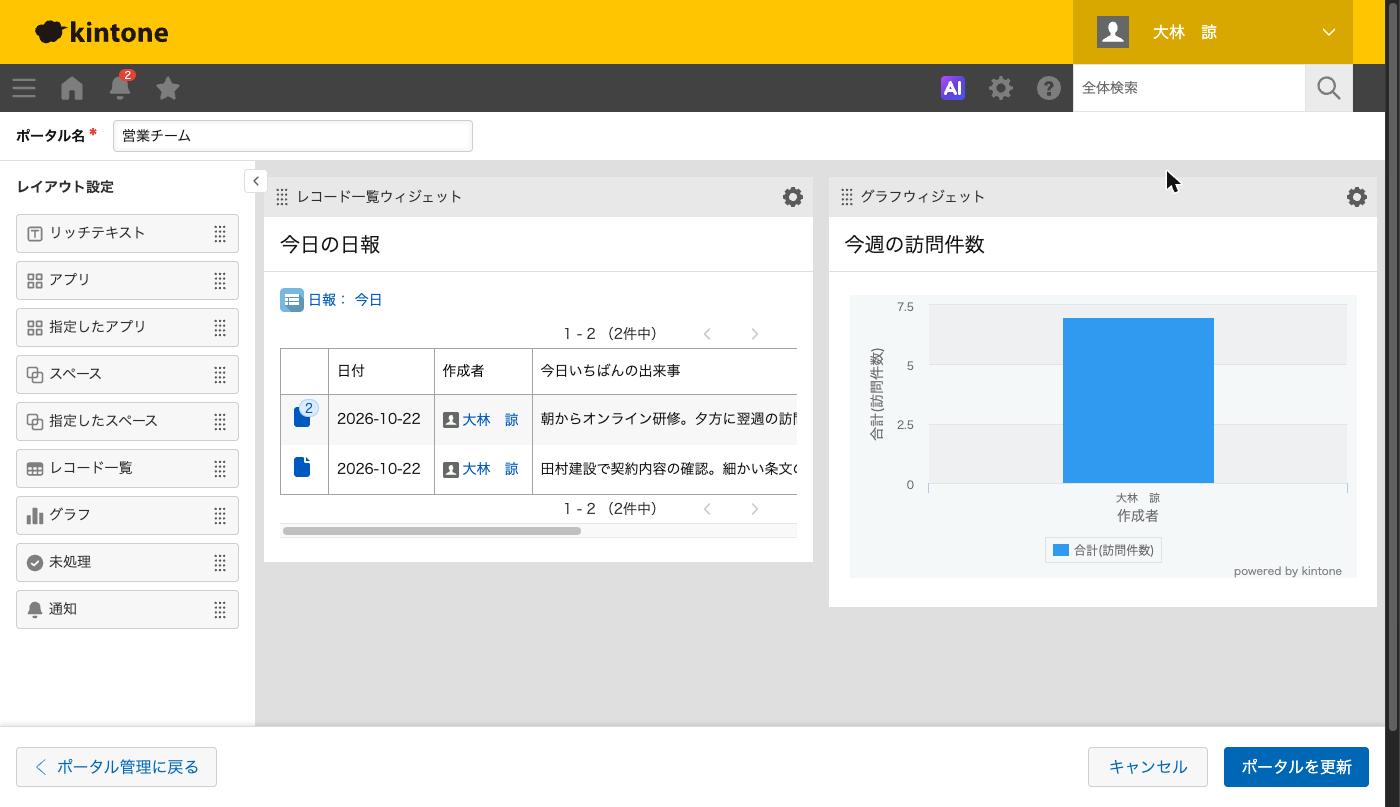 ポータルの設定画面。左にウィジェット一覧、右にレコード一覧ウィジェットとグラフウィジェットを配置した状態