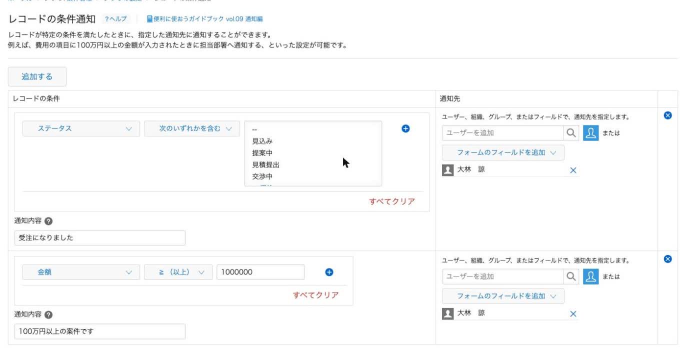 「レコードの条件通知」で、金額が100万円以上の条件と通知先のユーザーを設定した状態