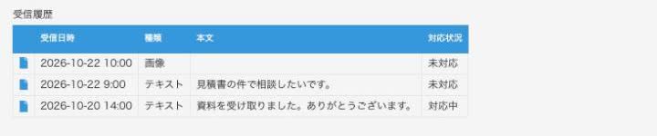 LINE友だちのレコード詳細。受信履歴の関連レコード一覧に問い合わせが並んだ状態
