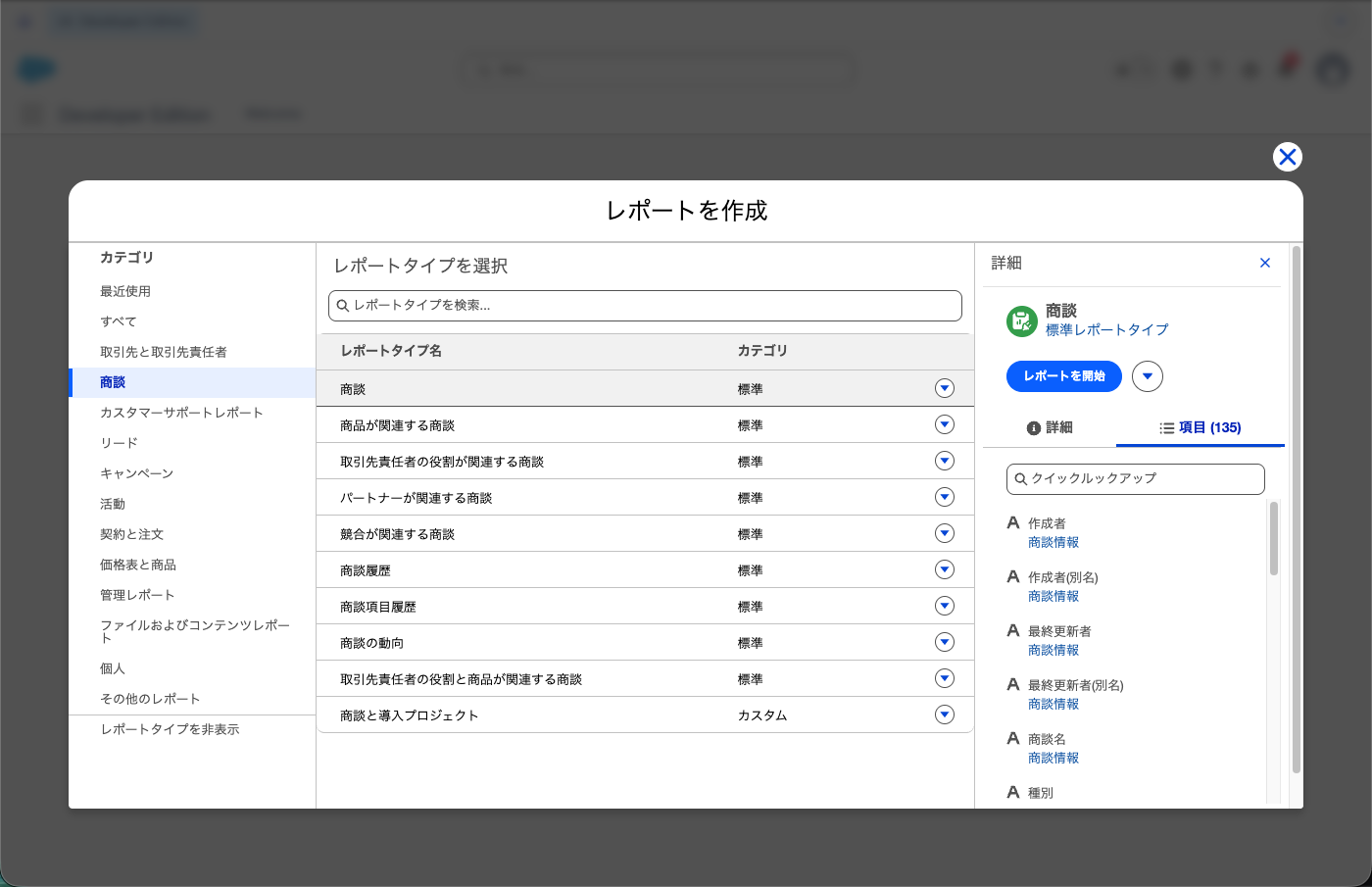 「レポートを作成」ウィンドウで商談カテゴリと詳細パネルの項目タブを開いたところ