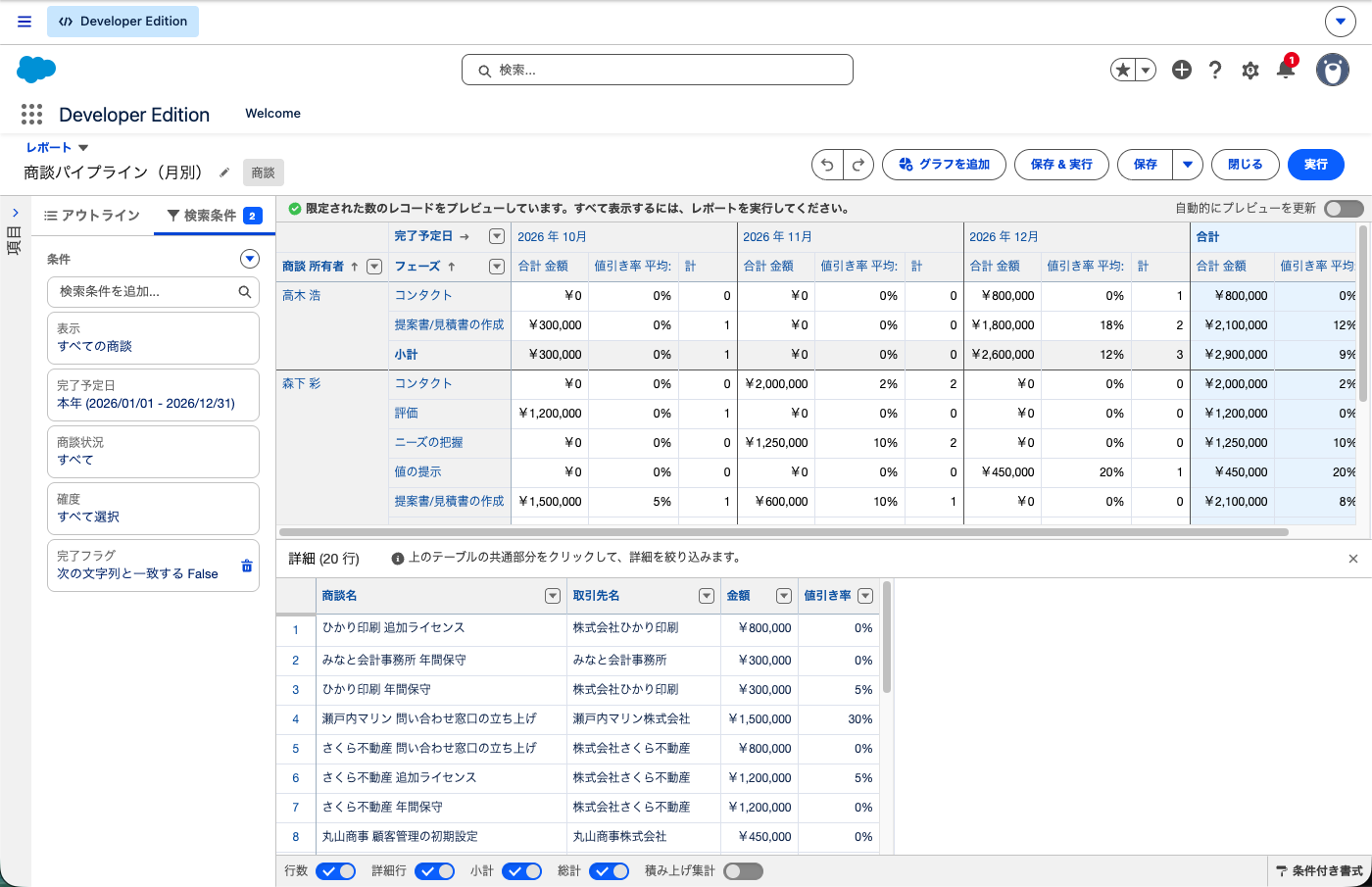 検索条件タブで表示・完了予定日・完了フラグなどの条件が並んだところ