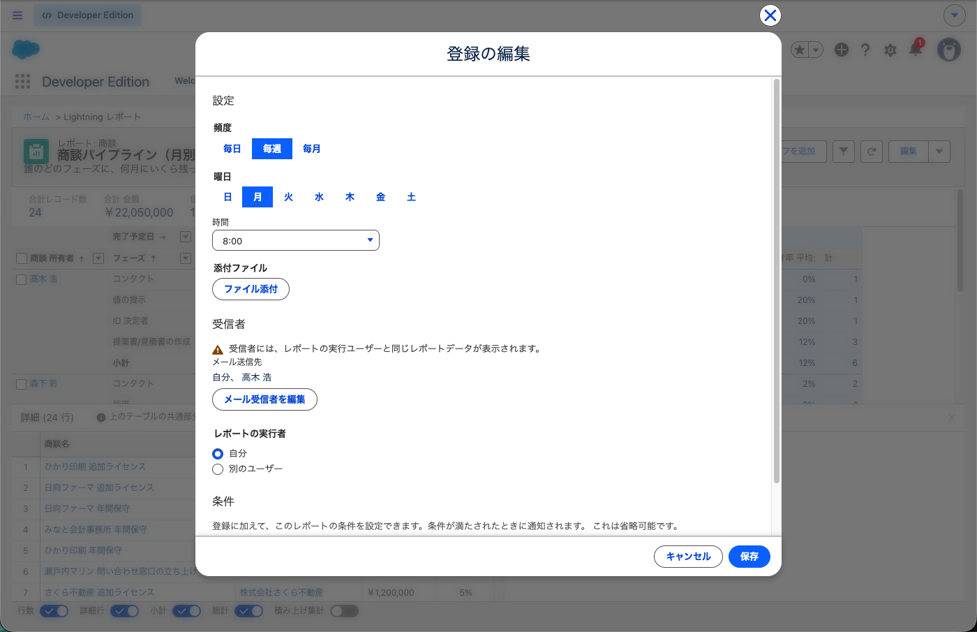 「登録の編集」で毎週月曜8:00と受信者を設定したところ
