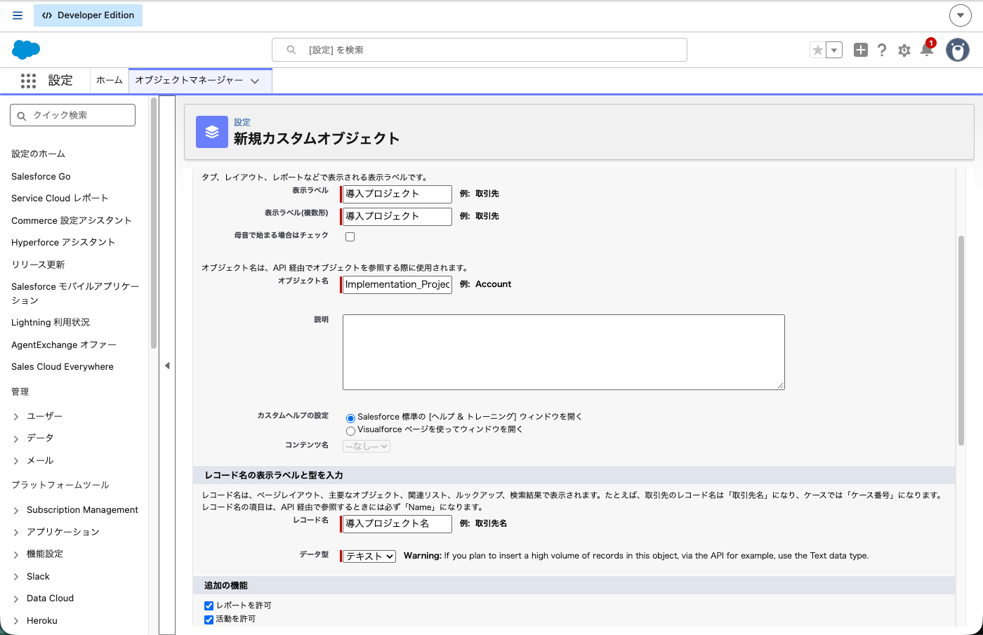 カスタムオブジェクト作成画面。表示ラベル・オブジェクト名・レコード名・各チェックボックスを入力した状態