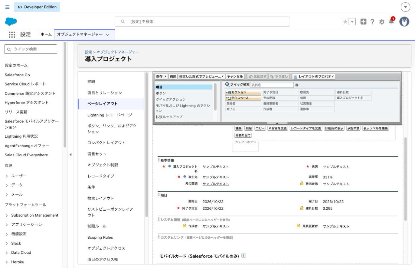 導入プロジェクトのページレイアウト編集画面。基本情報と期日のセクションに分けた状態