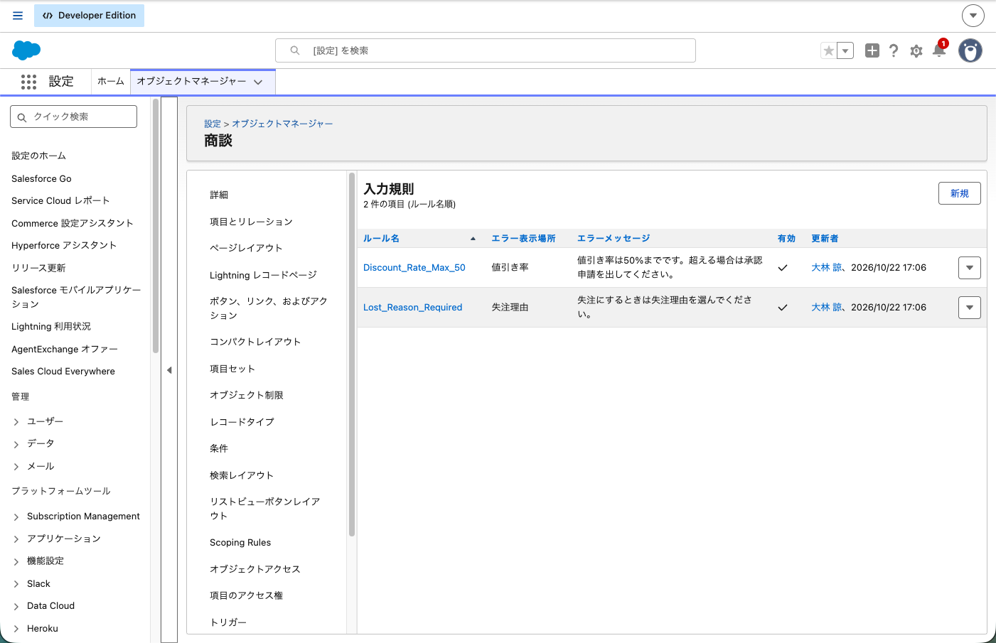 商談の「入力規則」一覧。2本の規則が並び「有効」列にチェックが入っている状態