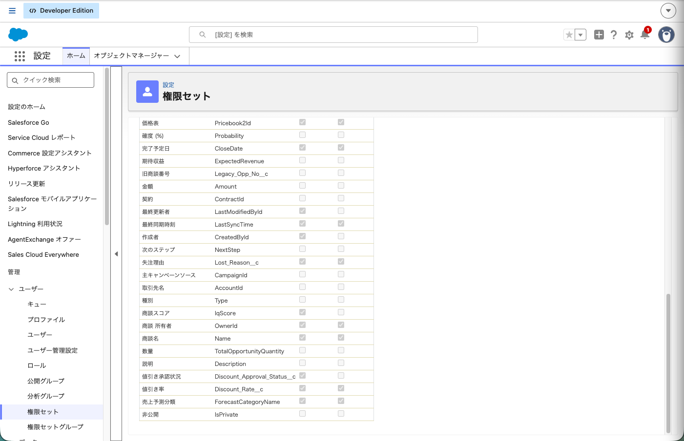権限セット「営業_基本」の商談の設定画面。オブジェクト権限と項目権限のチェック欄