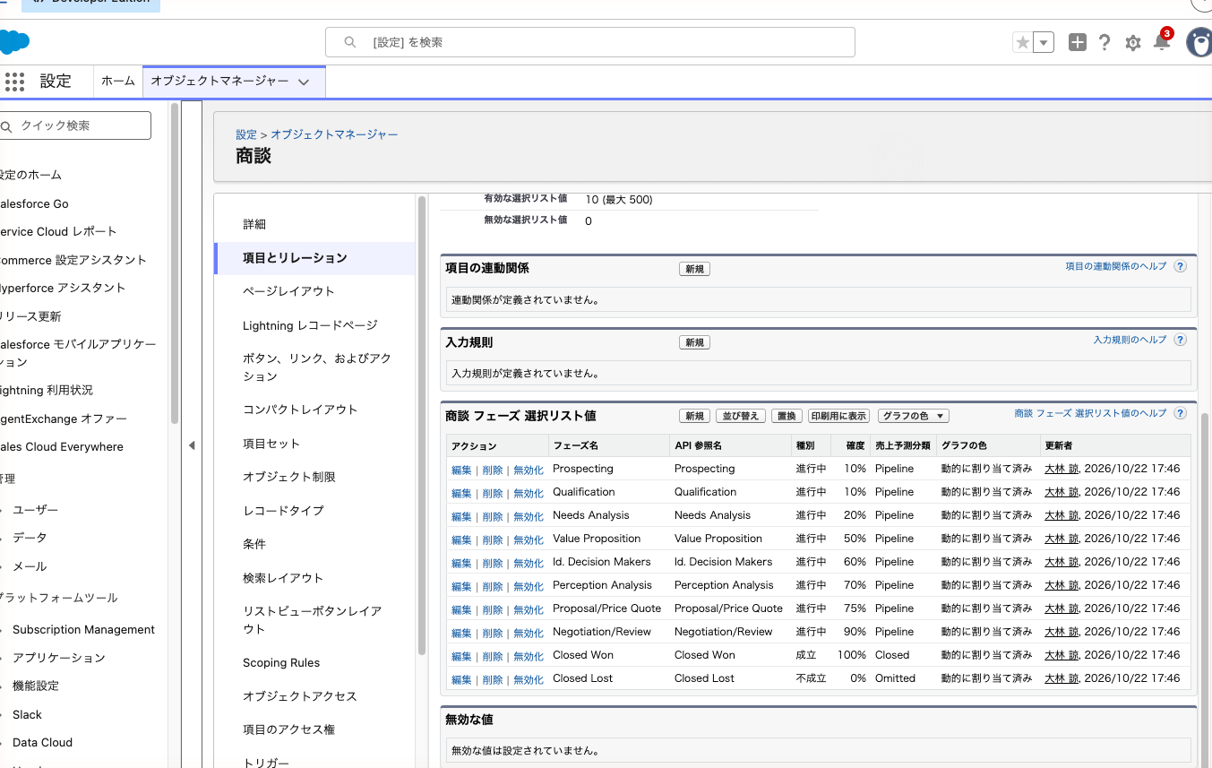 商談の「フェーズ」項目の詳細。値ごとの確度と売上予測分類が並んだ一覧