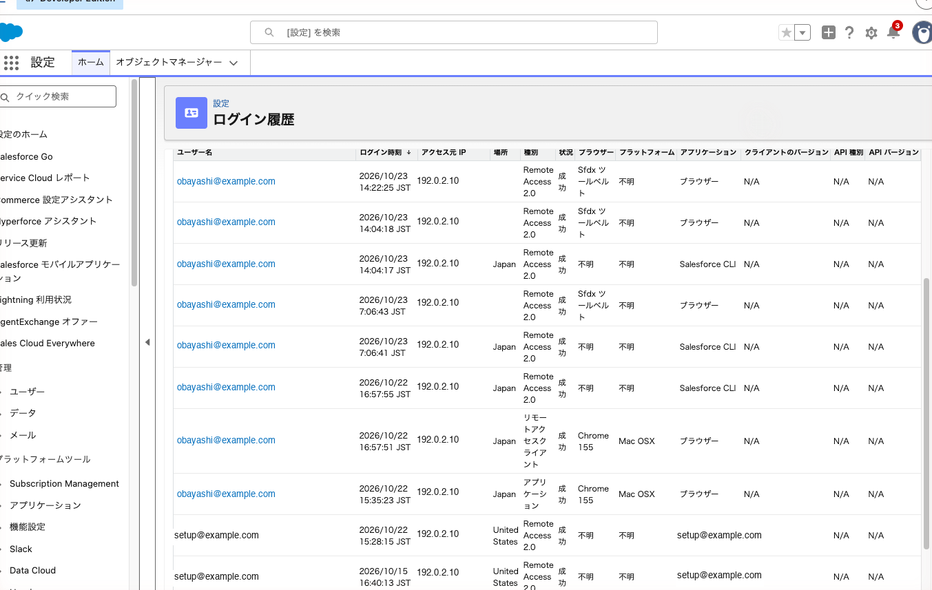 「ログイン履歴」の一覧。ユーザー名・ログイン時刻・アクセス元 IP・状況の列が見える状態