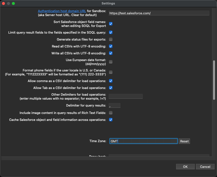 Settings 画面。UTF-8 の2項目と Time Zone の欄
