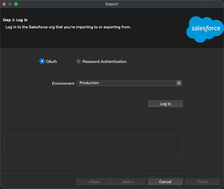 Step 1: Log In 画面。OAuth と Environment の選択