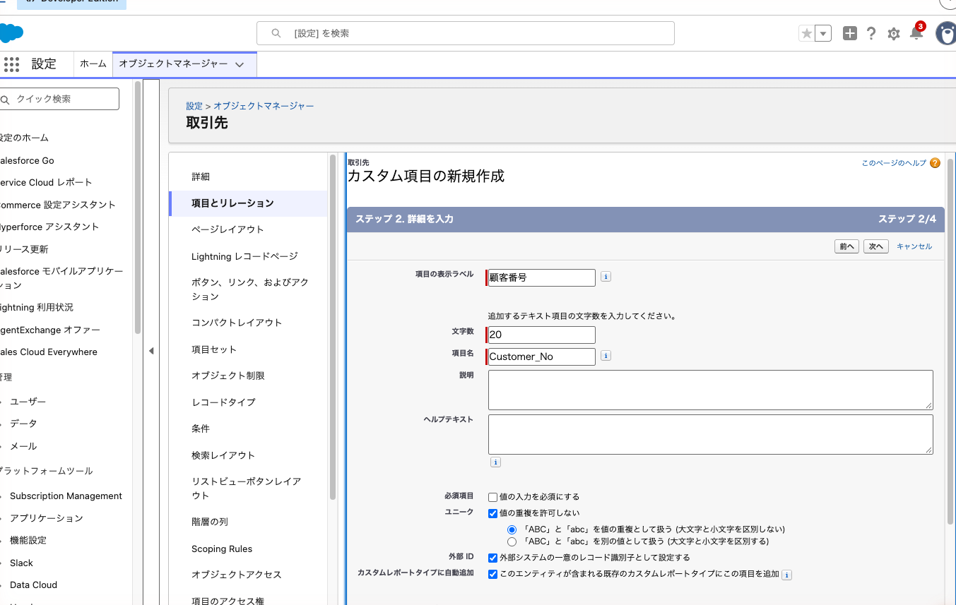 項目の詳細設定。「ユニーク」と「外部 ID」にチェックが入っている
