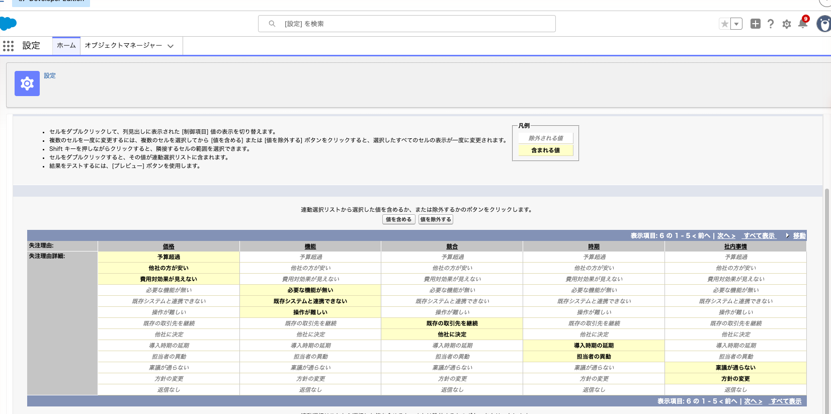 項目の連動関係マトリックス。「価格」の列で3つのセルが強調表示されている状態