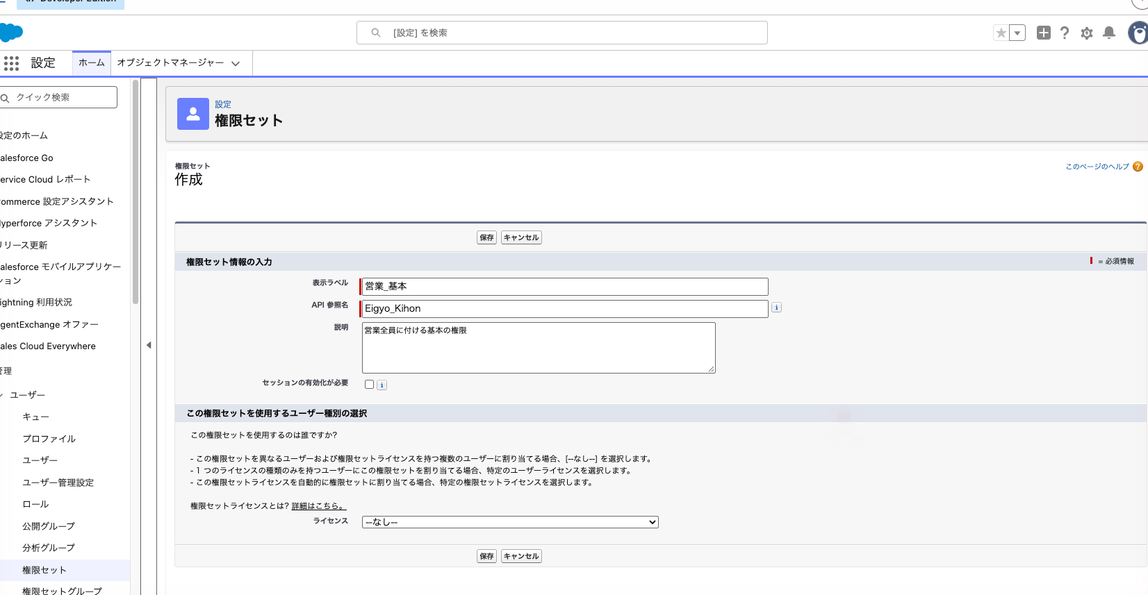 権限セットの新規作成画面。表示ラベル・API 参照名・説明・ライセンス「なし」を入れた状態