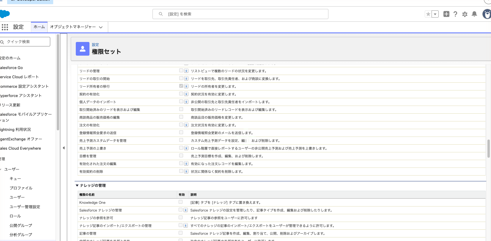 営業_管理のアプリケーション権限。「リード所有者の移行」にチェックを入れた状態