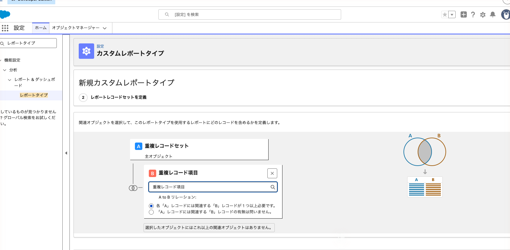 カスタムレポートタイプで主オブジェクト「重複レコードセット」、関連オブジェクト「重複レコード項目」を選んだ状態