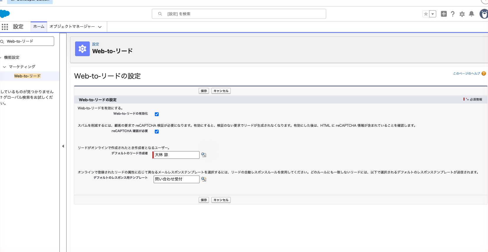 Web-to-リード設定の編集画面。reCAPTCHA 確認、デフォルトのリード作成者、デフォルトの応答テンプレートを入れた状態