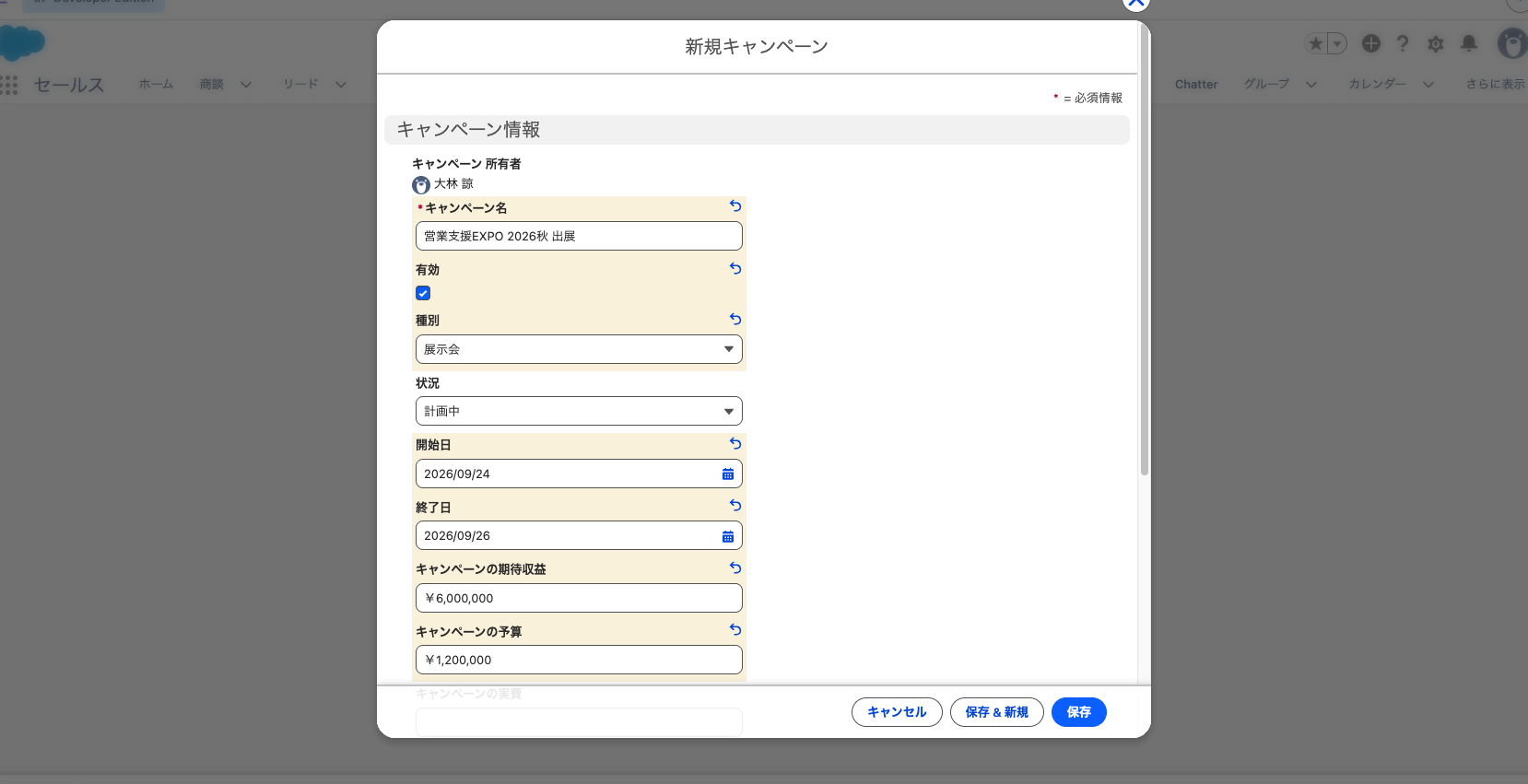 キャンペーンの新規作成画面。種別「展示会」、予算・期待収益を入れた状態