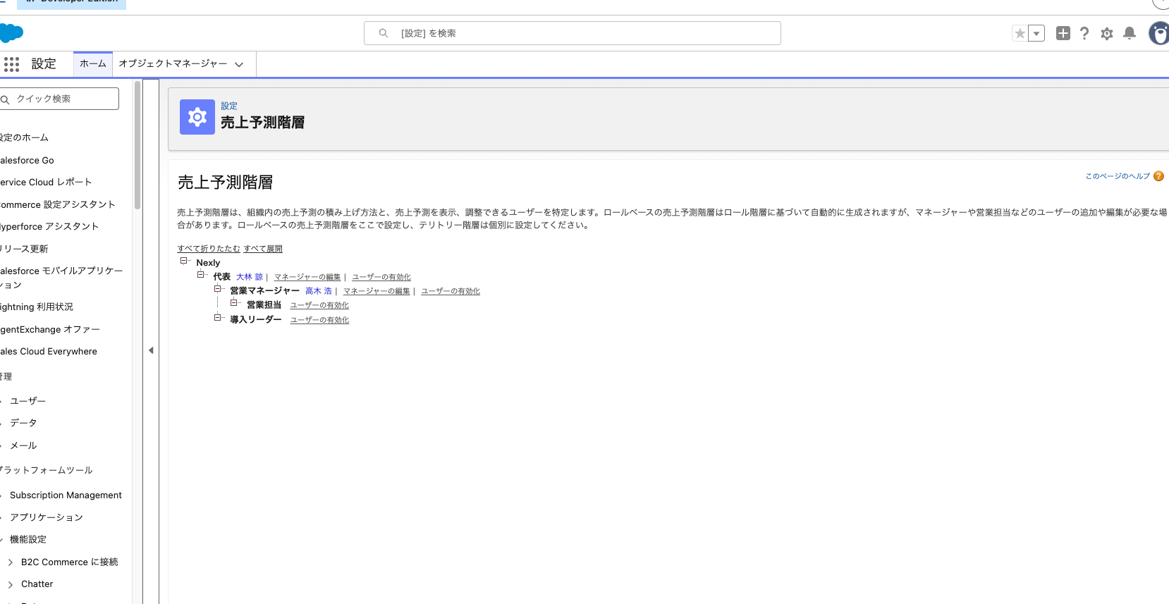 「売上予測階層」。代表と営業マネージャーに売上予測マネージャーが割り当てられた状態