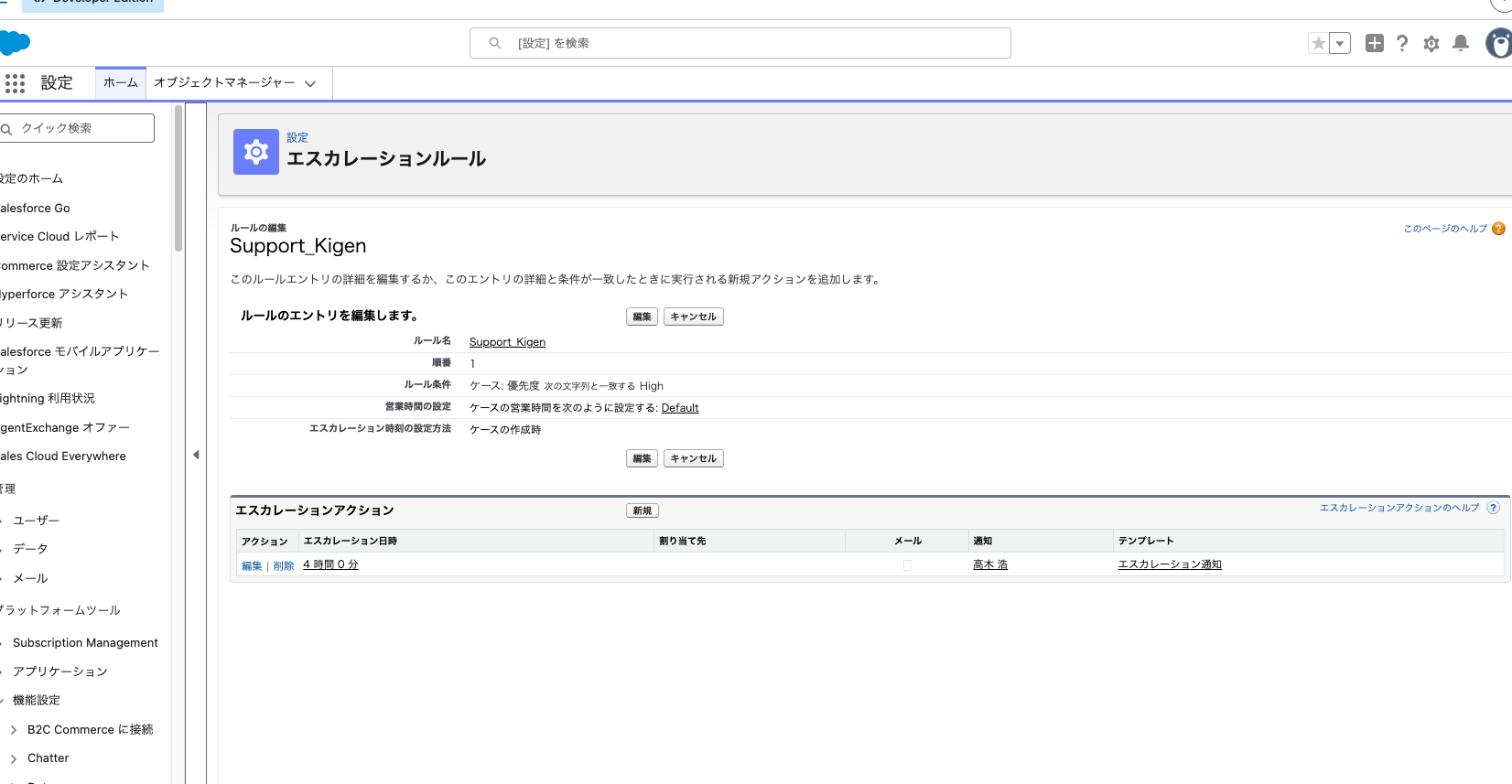 エスカレーションルールのエントリ詳細。優先度が高、営業時間、エスカレーション時刻の設定方法を選んだ状態