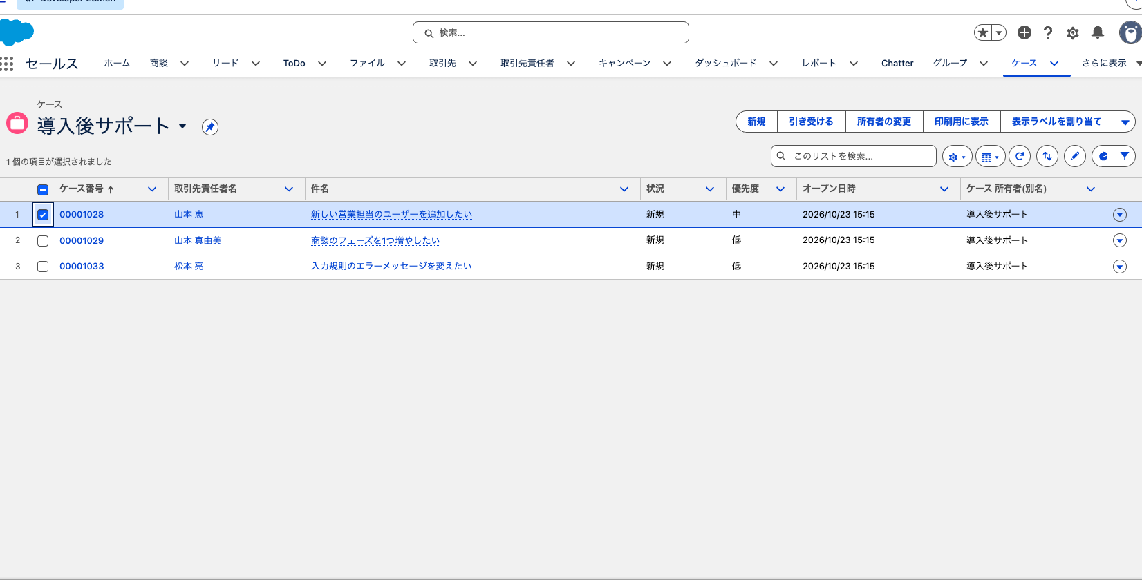 ケースのリストビュー「導入後サポート」。新規のケースが並び、「引き受ける」ボタンがある状態