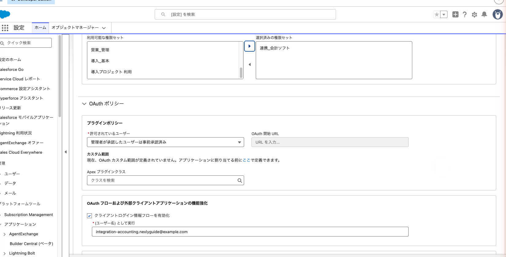 外部クライアントアプリケーションのポリシーの編集画面。権限セットが選ばれ、実行ユーザーに連携ユーザーのユーザー名が入った状態