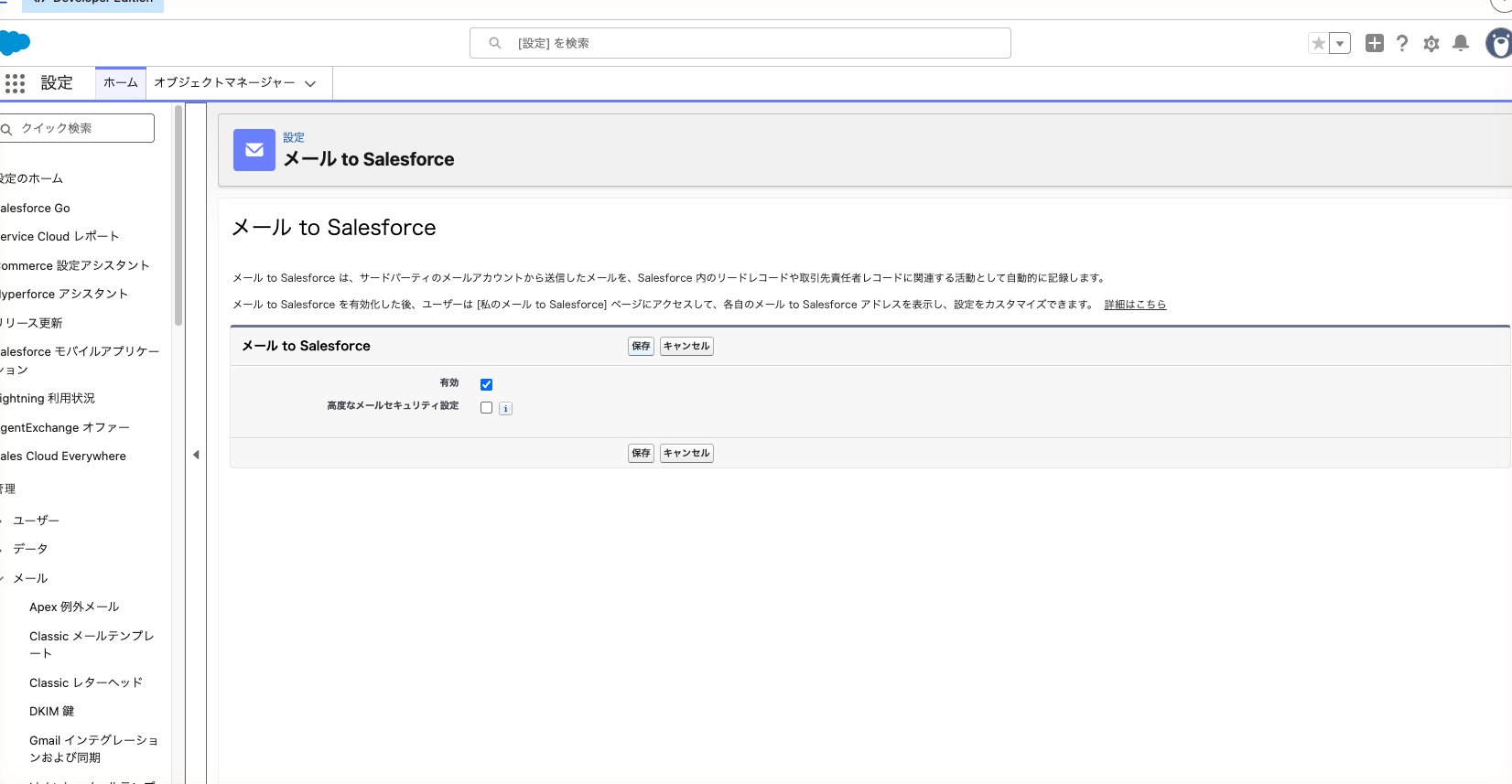 「メール to Salesforce」の編集画面で「有効」にチェックを入れた状態