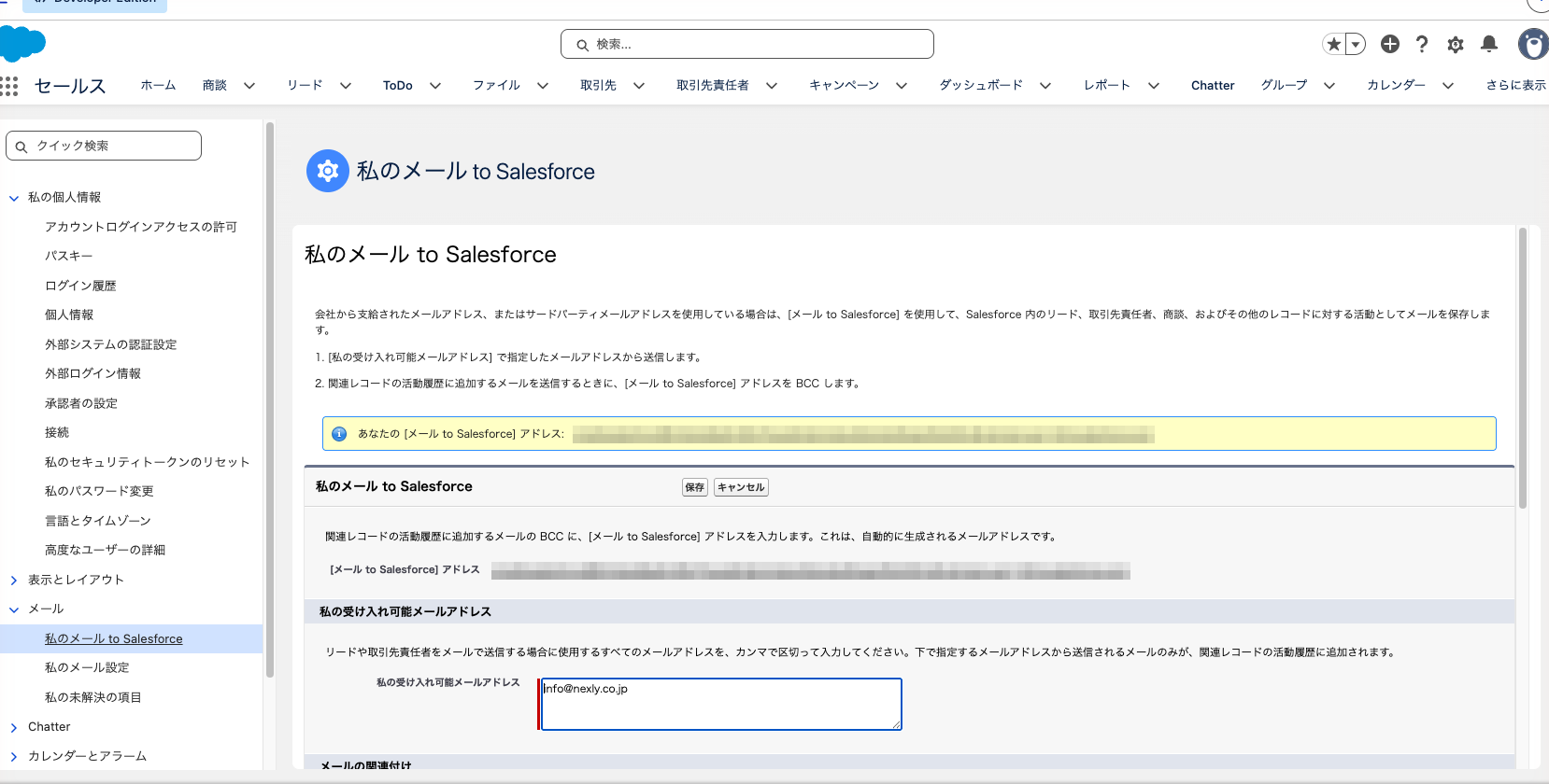 個人設定の「私のメール to Salesforce」。自分のメール to Salesforce アドレスと受け入れ可能なアドレスが見えている状態