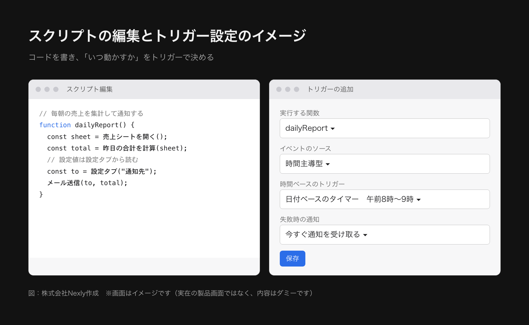 GASの編集画面とトリガー設定画面の模式図。左にスクリプトのコード、右に毎朝8時に実行する時間主導のトリガーの設定がある