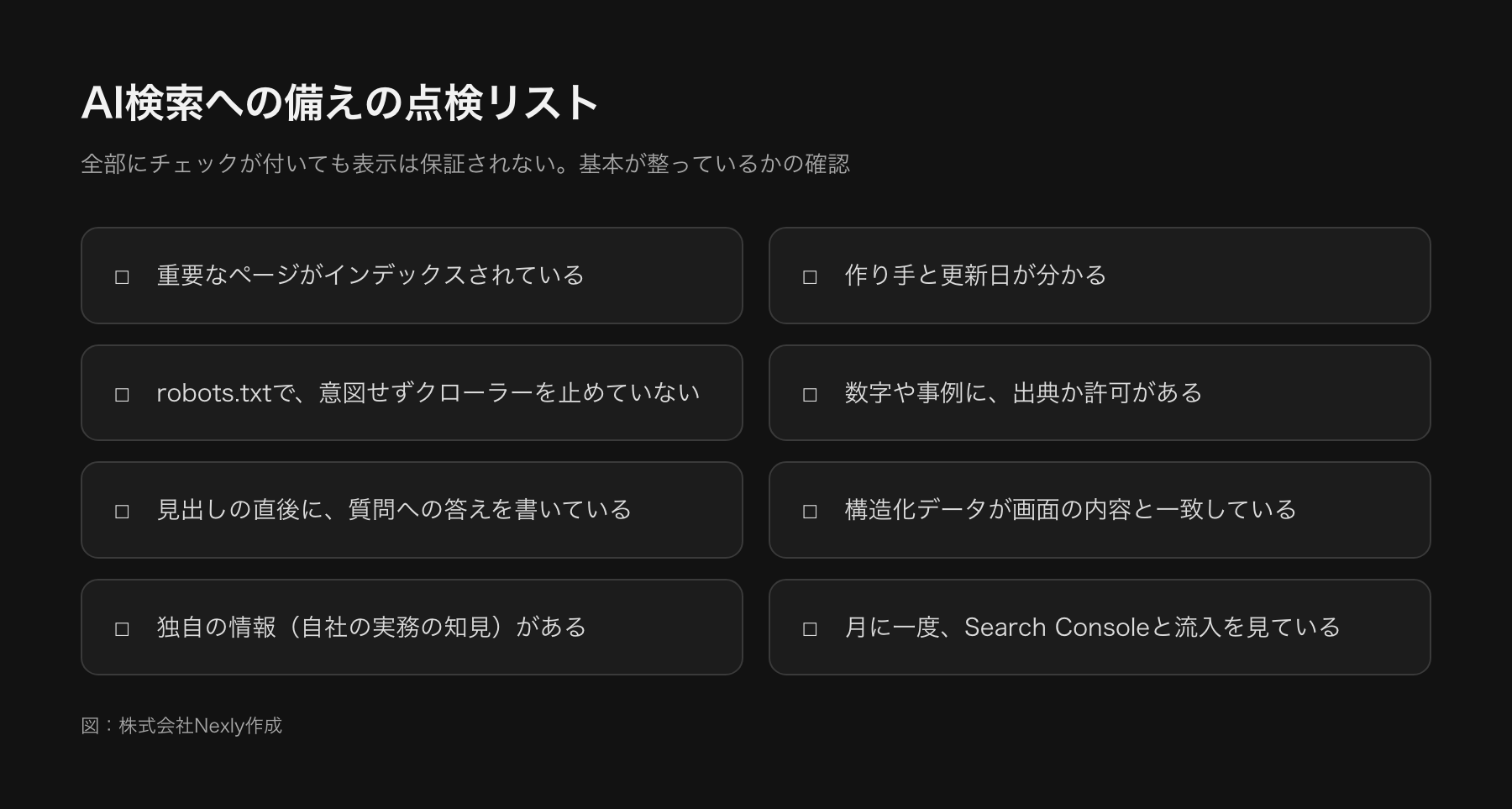 AI検索への備えの点検リスト。重要ページがインデックスされている、robots.txtで意図せず止めていない、見出しの直後に答えを書いている、独自の情報がある、作り手と更新日が分かる、数字に出典がある、計測を見ている、の項目